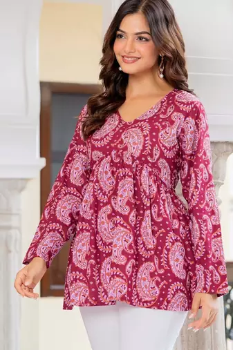 Maroon floral printed cotton tunic short kurti top for women