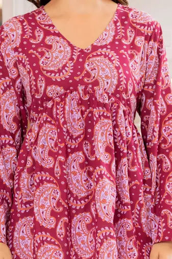 Maroon floral printed cotton tunic short kurti top for women