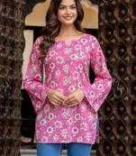 Pink floral printed cotton tunic short kurti top for women