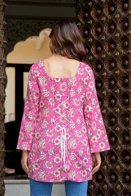 Pink floral printed cotton tunic short kurti top for women 2
