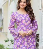 Purple floral printed cotton tunic short kurti top for women