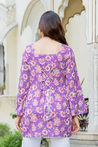 Purple floral printed cotton tunic short kurti top for women