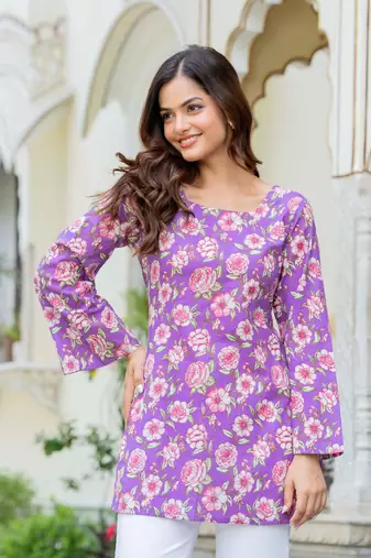 Purple floral printed cotton tunic short kurti top for women