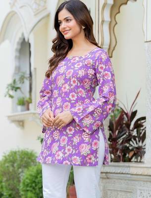 Purple floral printed cotton tunic short kurti top for women 4