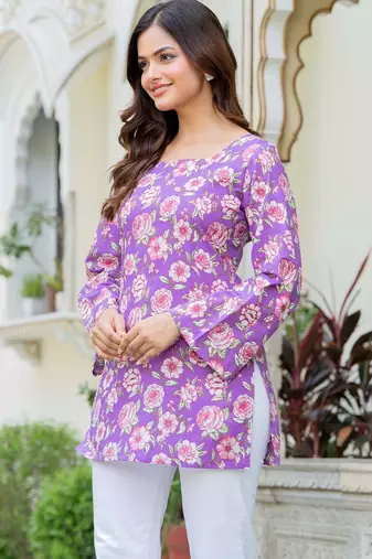 Purple floral printed cotton tunic short kurti top for women