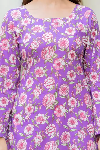 Purple floral printed cotton tunic short kurti top for women