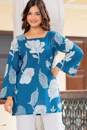 Blue floral printed cotton tunic short kurti top for women