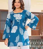 Blue floral printed cotton tunic short kurti top for women
