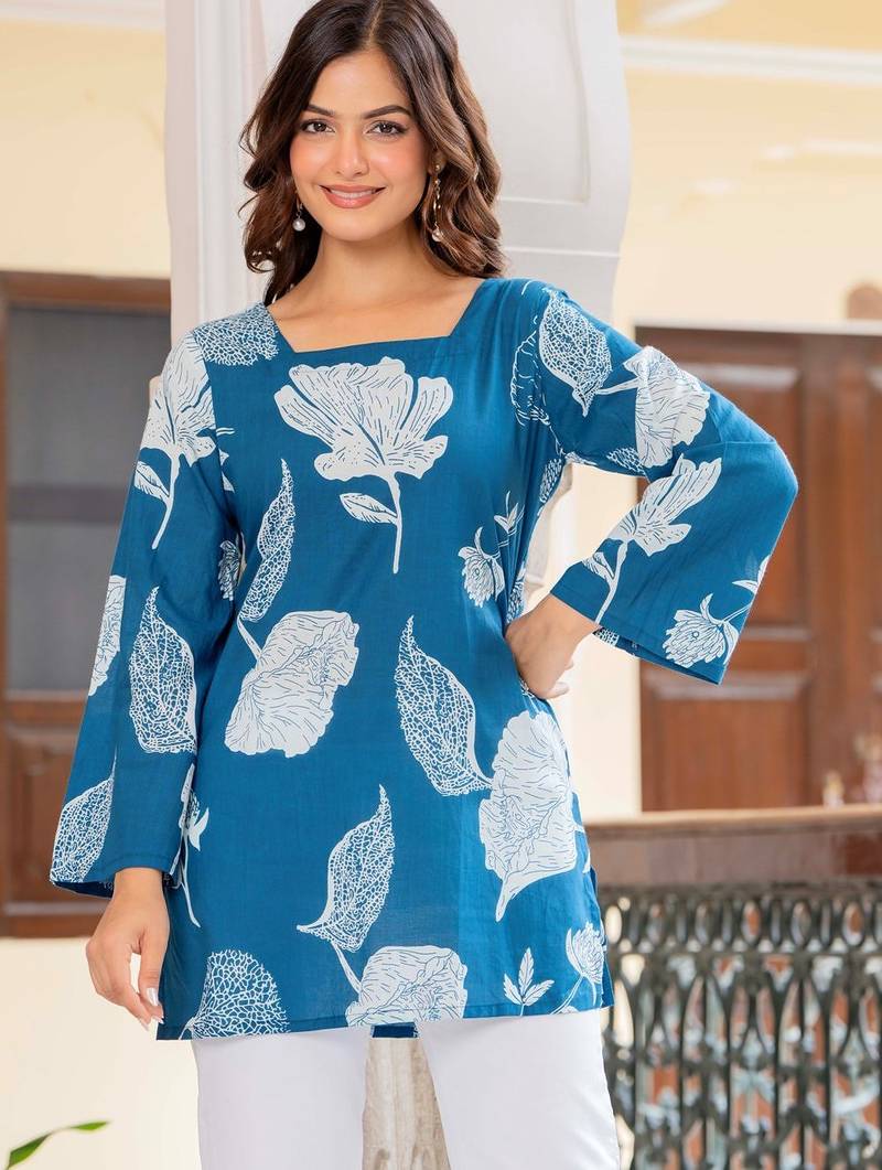 Blue floral printed cotton tunic short kurti top for women