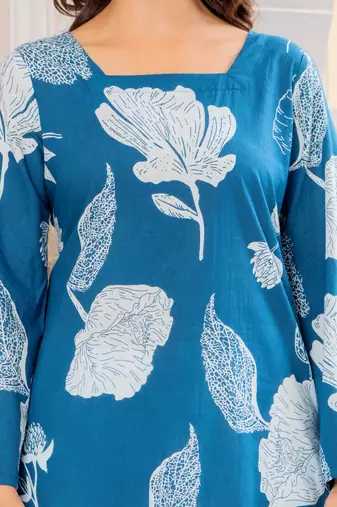 Blue floral printed cotton tunic short kurti top for women