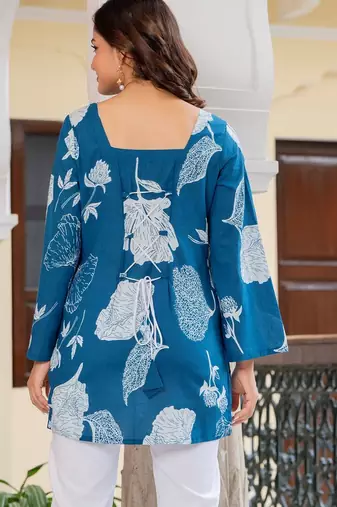 Blue floral printed cotton tunic short kurti top for women