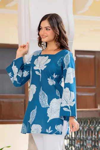 Blue floral printed cotton tunic short kurti top for women