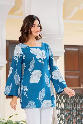 Blue floral printed cotton tunic short kurti top for women