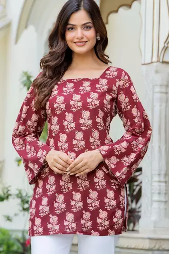 Maroon floral printed cotton tunic short kurti top for women