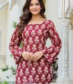 Maroon floral printed cotton tunic short kurti top for women