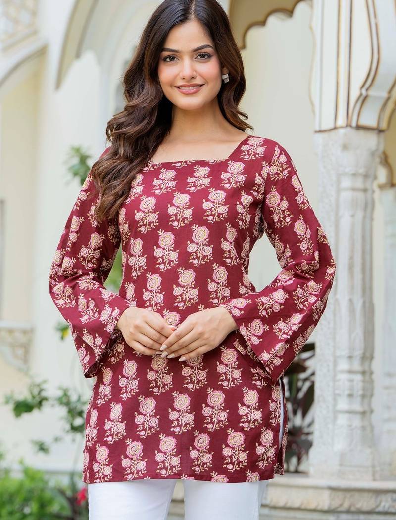 Maroon floral printed cotton tunic short kurti top for women