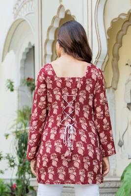 Maroon floral printed cotton tunic short kurti top for women 2