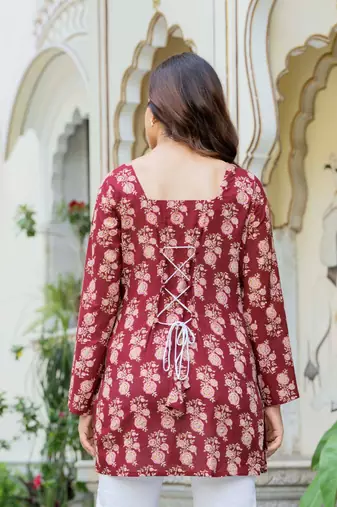 Maroon floral printed cotton tunic short kurti top for women
