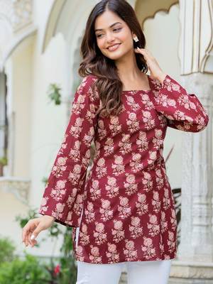 Maroon floral printed cotton tunic short kurti top for women 3