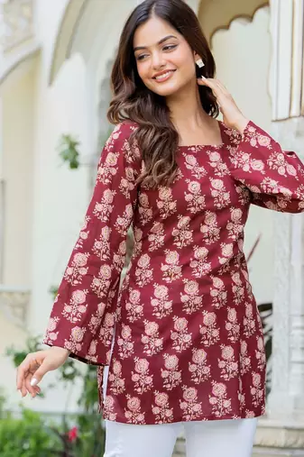 Maroon floral printed cotton tunic short kurti top for women