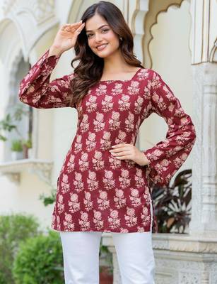 Maroon floral printed cotton tunic short kurti top for women 4