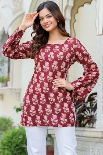 Maroon floral printed cotton tunic short kurti top for women