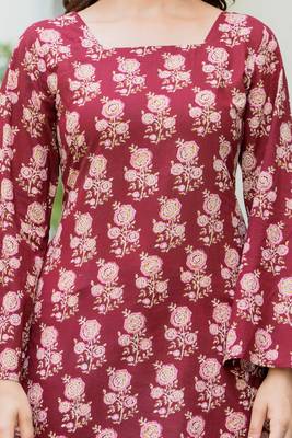 Maroon floral printed cotton tunic short kurti top for women 5