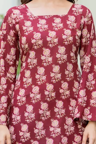 Maroon floral printed cotton tunic short kurti top for women