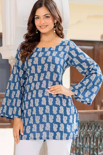 Teal floral printed cotton tunic short kurti top for women
