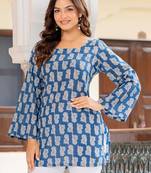 Teal floral printed cotton tunic short kurti top for women