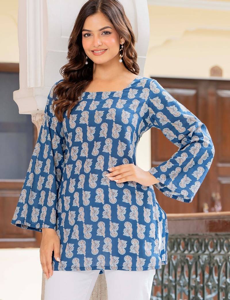 Teal floral printed cotton tunic short kurti top for women