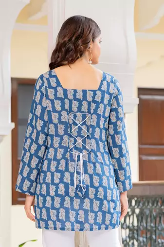 Teal floral printed cotton tunic short kurti top for women