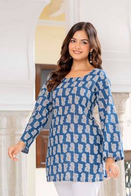 Teal floral printed cotton tunic short kurti top for women 3