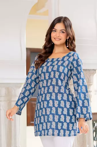 Teal floral printed cotton tunic short kurti top for women