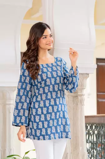 Teal floral printed cotton tunic short kurti top for women