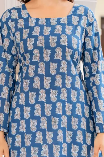 Teal floral printed cotton tunic short kurti top for women