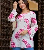 White floral printed cotton tunic short kurti top for women