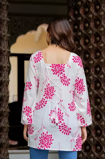 White floral printed cotton tunic short kurti top for women