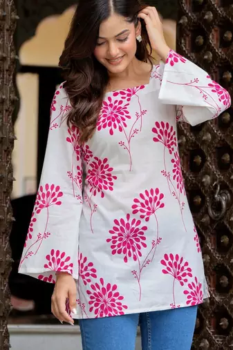 White floral printed cotton tunic short kurti top for women
