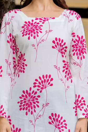 White floral printed cotton tunic short kurti top for women