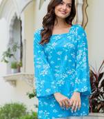 Blue floral printed cotton tunic short kurti top for women