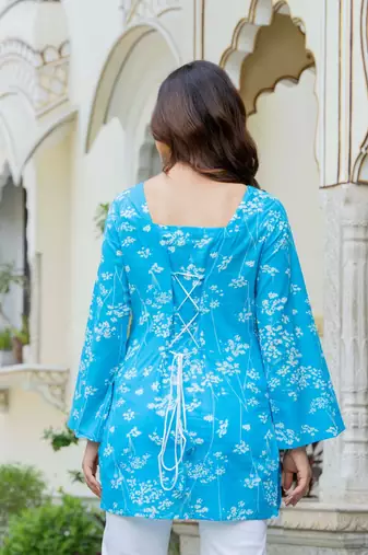Blue floral printed cotton tunic short kurti top for women
