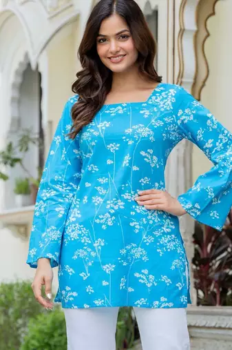 Blue floral printed cotton tunic short kurti top for women