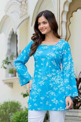 Blue floral printed cotton tunic short kurti top for women 4