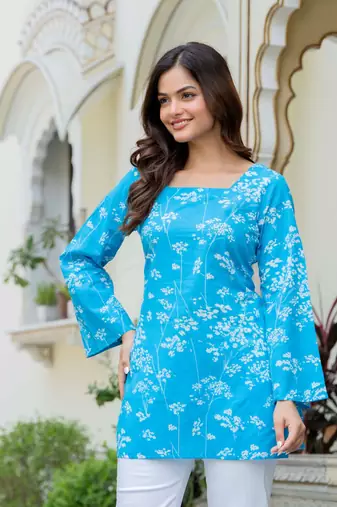 Blue floral printed cotton tunic short kurti top for women