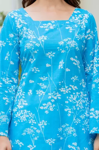 Blue floral printed cotton tunic short kurti top for women