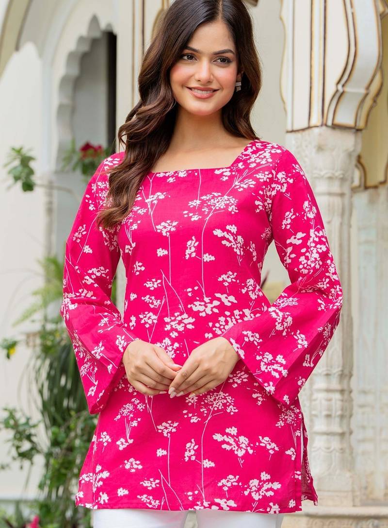 Pink floral printed cotton tunic short kurti top for women