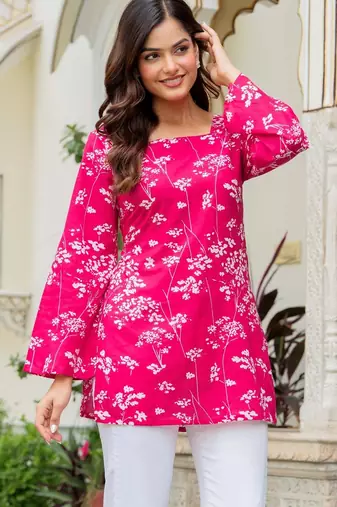 Pink floral printed cotton tunic short kurti top for women
