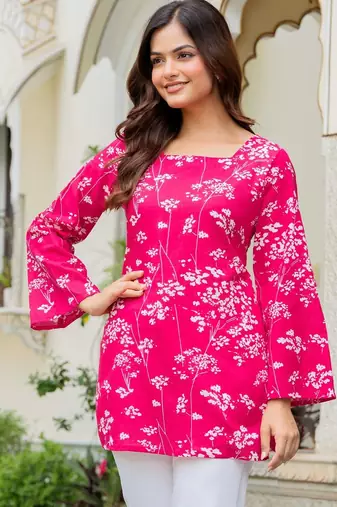 Pink floral printed cotton tunic short kurti top for women