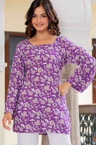 Purple floral printed cotton tunic short kurti top for women